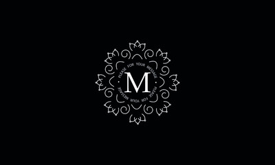 Elegant round monogram template with letter M. Creative white logo on black background. Vector illustration of business, cafe, office, restaurant, heraldry.