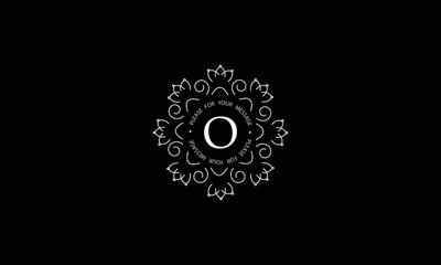 Elegant round monogram template with letter O. Creative white logo on black background. Vector illustration of business, cafe, office, restaurant, heraldry.