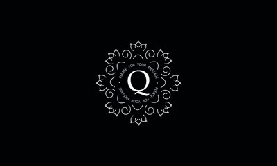 Elegant round monogram template with letter Q. Creative white logo on black background. Vector illustration of business, cafe, office, restaurant, heraldry.