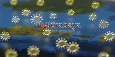 Sunny weather icons near Surabaya city on the map, weather forecast related 3D rendering