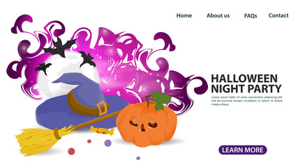 Fototapeta na wymiar banner for web page design and mobile applications on the theme of all saints eve Halloween wizards hat witchs broom and Jack pumpkin flat vector illustration