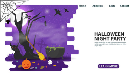 Obraz premium banner for web page design and mobile applications on the theme of the holiday all saints eve Halloween scary tree and cauldron of the witch with a potion flat vector illustration