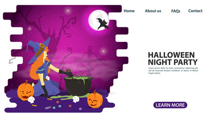 banner for web page design and mobile applications on the theme of the holiday all saints eve Halloween witch sitting near the cauldron with a potion flat vector illustration