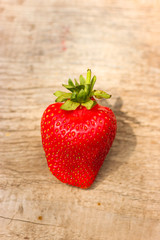 one red fresh ripe strawberry closeup on the old wood background