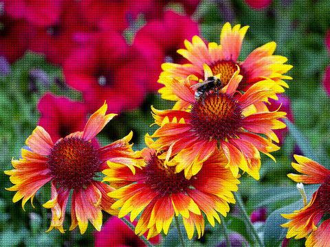 Floral mosaic background with gaillardia, petunia and bumblebee. Stylization of the image on the embossed surface.