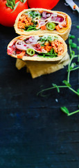 tortilla wrap vegetables burrito stuffing lavash vegetarian pita bread Menu concept Takeaway serving size fast food background top view copy space portion

