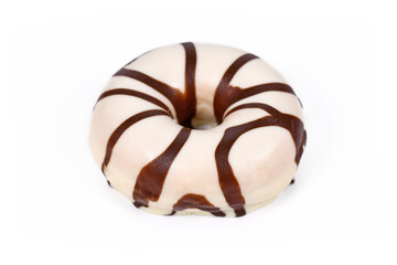Donut glazed with white chocolate with brown milk chocolate stripes pattern isolated on white background