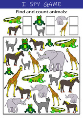 I spy animals educational game for kids. Math worksheet for kindergarten, school, preschool. Development of numeracy skills and attention.
