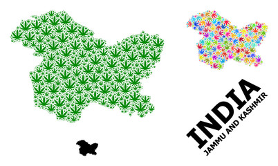 Vector Collage Map of Jammu and Kashmir State of Colored and Green Hemp Leaves and Solid Map