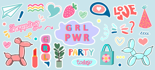 Girl sticker set of colorful hand drawn elements.