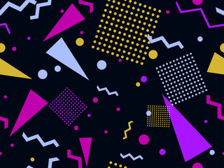 Geometric seamless pattern in style of the 80s. Zigzags and triangles, dots in pop art style. Background for promotional products, wrapping paper and printing. Vector illustration