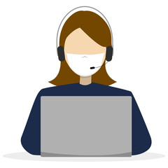 Man and woman working on laptops computers, online working maintain social distancing, coronavirus concept. Call center. Covid-19. Vector illustration.