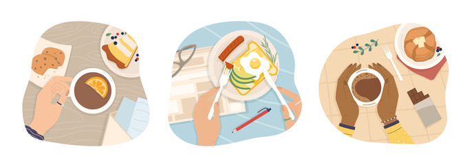 Breakfast set with hands holding assorted food and mugs of coffee in a top down perspective, colored vector illustration