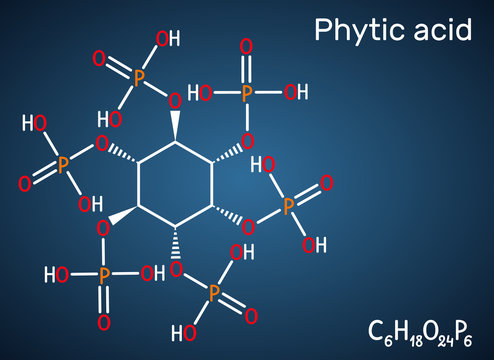 Phytic Acid, Fytic Acid, Phytate, Phytine, Myo-inositol Hexakisphosphate Molecule. It Has Role As Iron Chelator, Antineoplastic Agent, Cofactor. Dark Blue Background