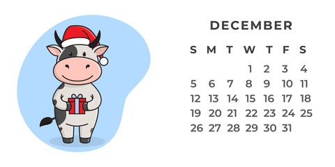 Page of the desktop calendar for 2021. Cute spotted ox, ox or cow doing sports, yoga, resting. 2021-the year of the Ox on the Eastern or Chinese calendar. Vector stock, ready-to-print template.