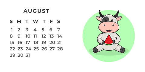 Page of the desktop calendar for 2021. Cute spotted ox, ox or cow doing sports, yoga, resting. 2021-the year of the Ox on the Eastern or Chinese calendar. Vector stock, ready-to-print template.