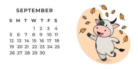 Page of the desktop calendar for 2021. Cute spotted ox, ox or cow doing sports, yoga, resting. 2021-the year of the Ox on the Eastern or Chinese calendar. Vector stock, ready-to-print template.