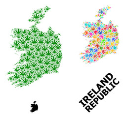 Vector Mosaic Map of Ireland Republic of Colorful and Green Weed Leaves and Solid Map