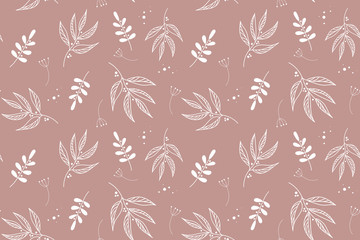 Vector elegant floral seamless pattern in natural farmhouse style with cute simple branches, flowers, leaves. Design for textiles, fabric, wallpaper, wrapping paper, homeware, home decor, web design