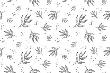 Vector elegant floral seamless pattern in natural farmhouse style with cute simple branches, flowers, leaves. Design for textiles, fabric, wallpaper, wrapping paper, homeware, home decor, web design