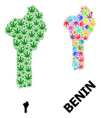 Vector Collage Map of Benin of Colored and Green Hemp Leaves and Solid Map