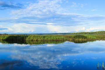 Obraz premium Beautiful blue sky in calm summer weather is reflected in the surface of the lake water. Countryside nature landscape.