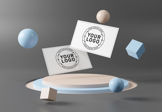 Floating Business Cards on Stage Podium Mockup