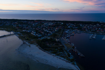 Beautiful Night color sky, sunset by the Baltic Sea, Jastarnia, Poland. Harbor. Aerial View