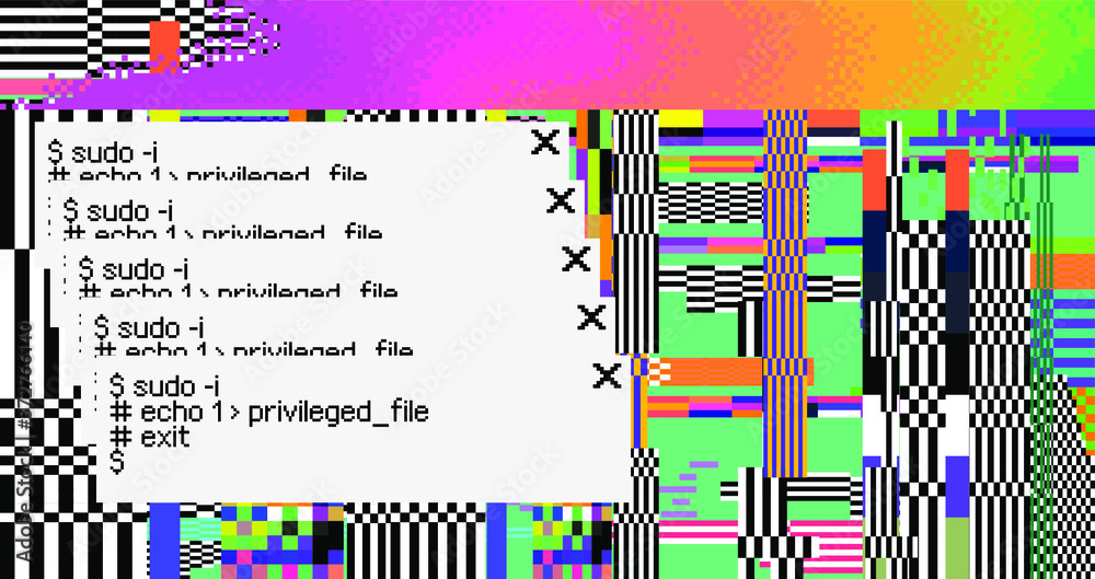 Poster Conceptual illustration of a virus programm, malware, hacker attack. Infected computer screen with warning messages and buggy and glitchy pixels.