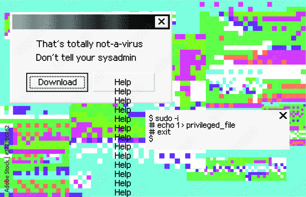 Fototapete Conceptual illustration of a virus programm, malware, hacker attack. Infected computer screen with warning messages and buggy and glitchy pixels.