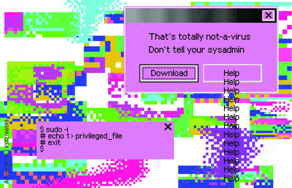 Aufkleber Conceptual illustration of a virus programm, malware, hacker attack. Infected computer screen with warning messages and buggy and glitchy pixels.