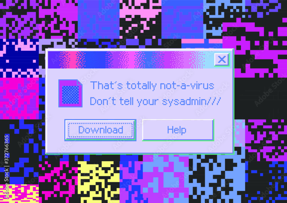 Poster Conceptual illustration of a virus programm, malware, hacker attack. Infected computer screen with warning messages and buggy and glitchy pixels.