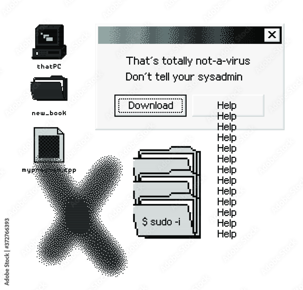 Leinwandbilder Conceptual illustration of a virus programm, malware, hacker attack. Infected computer screen with warning messages and buggy and glitchy pixels.
