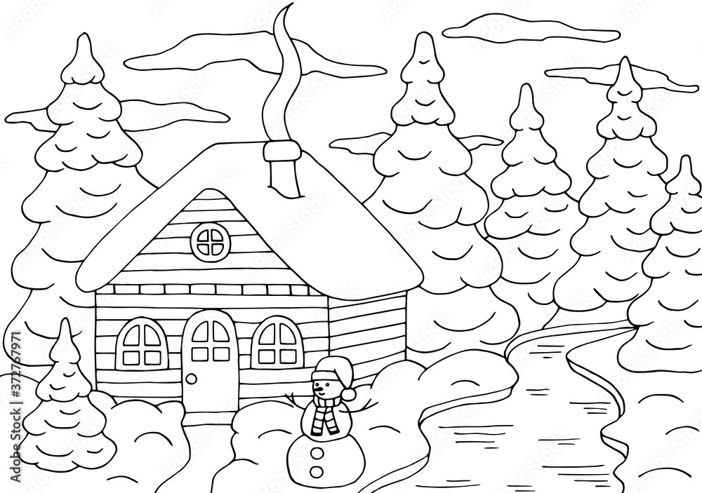 Wall mural Coloring page with a house in the winter forest with a Christmas tree