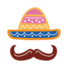 traditional mexican hat with mustache flat style icon