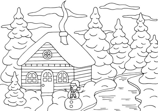 Coloring page with a house in the winter forest with a Christmas tree