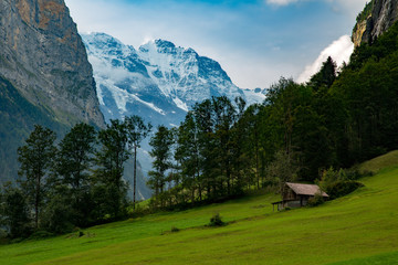 Fototapeta na wymiar A typcal wooden alpine chalet in the upper Lauterbrunnen valley, Switzerland