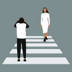 Male character and female character at a pedestrian crossing