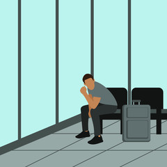 Sitting male character with a suitcase in a room with panoramic windows