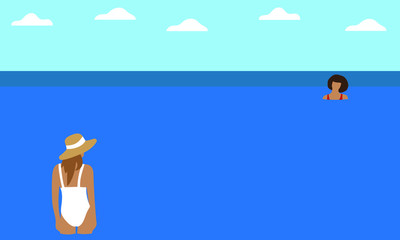 Two female characters in the water at a great distance from each other