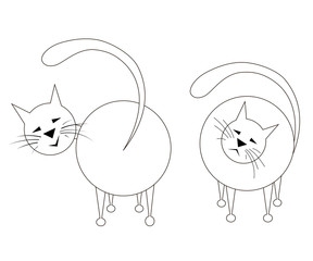 Coloring. A set of two white cats, drawn with a black outline, one in front and the other in the back, in a flat style. Drawing isolated on white background. Stock vector illustration.