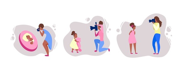 African American Moms take pictures of their daughters on camera. A set of women who take pictures of how their children grow: a baby, a girl with a teddy bear and a teenager. Vector drawings, flat