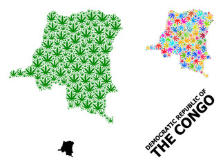 Obraz premium Vector Collage Map of Democratic Republic of the Congo of Colorful and Green Cannabis Leaves and Solid Map