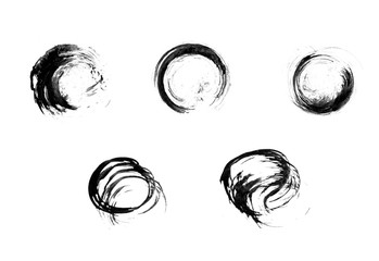 Five hand-drawn circular brush strokes in monochrome style. 