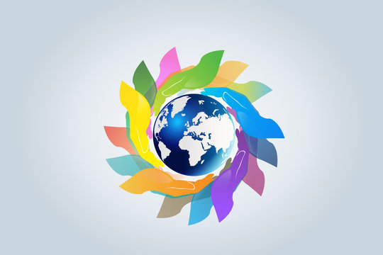 Hands holding a global world map logo vector web image