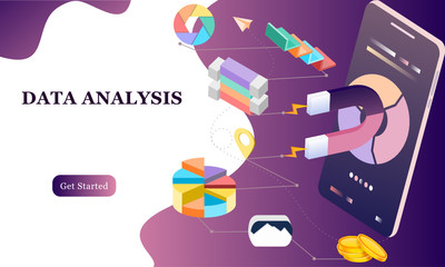 Modern flat design 3d isometric concept of Big Data Analysis for banner and website. Isometric landing page template. Digital information chart and statistic financial budget. Vector illustration.