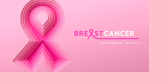 Breast Cancer month banner of papercut pink ribbon