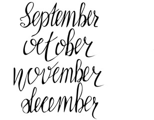 Autumn months September October November. December Outline doodle hand drawn lettering phrases for calendar, planner, social networks, bullet journal. Stock vector isolated illustration.