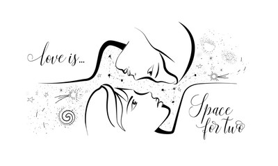 A couple in love, a girl and a boy opposite each other look into the eyes, between them the stars, planets, comets, space. Vector poster, banner on the theme of love in strokes.