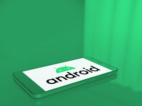 Android logo on the screen of a smartphone - bright and vibrant monochrome 3D illustration - very popular operating system software - Poitiers, France, August 25, 2020